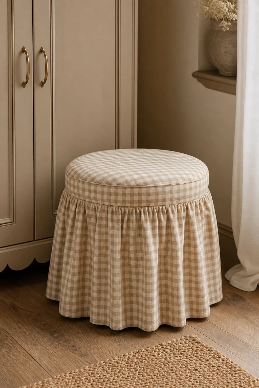 A beige gingham ruffled stool beside a sand cabinet with scalloped edges