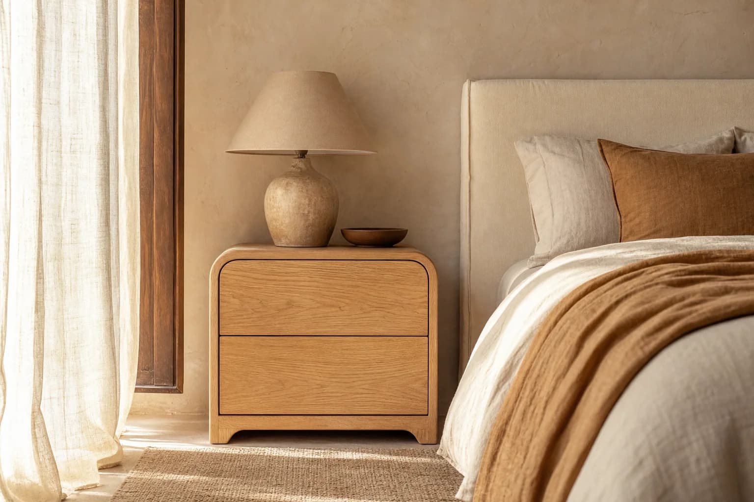 A sunlit bedroom with a light oak bedside table and linen bedding