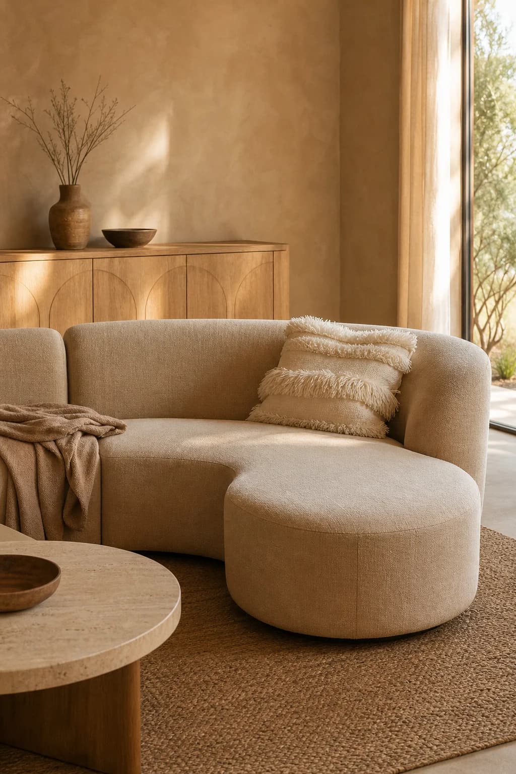 A calm living room with a curved beige linen sofa and a light oak sideboard