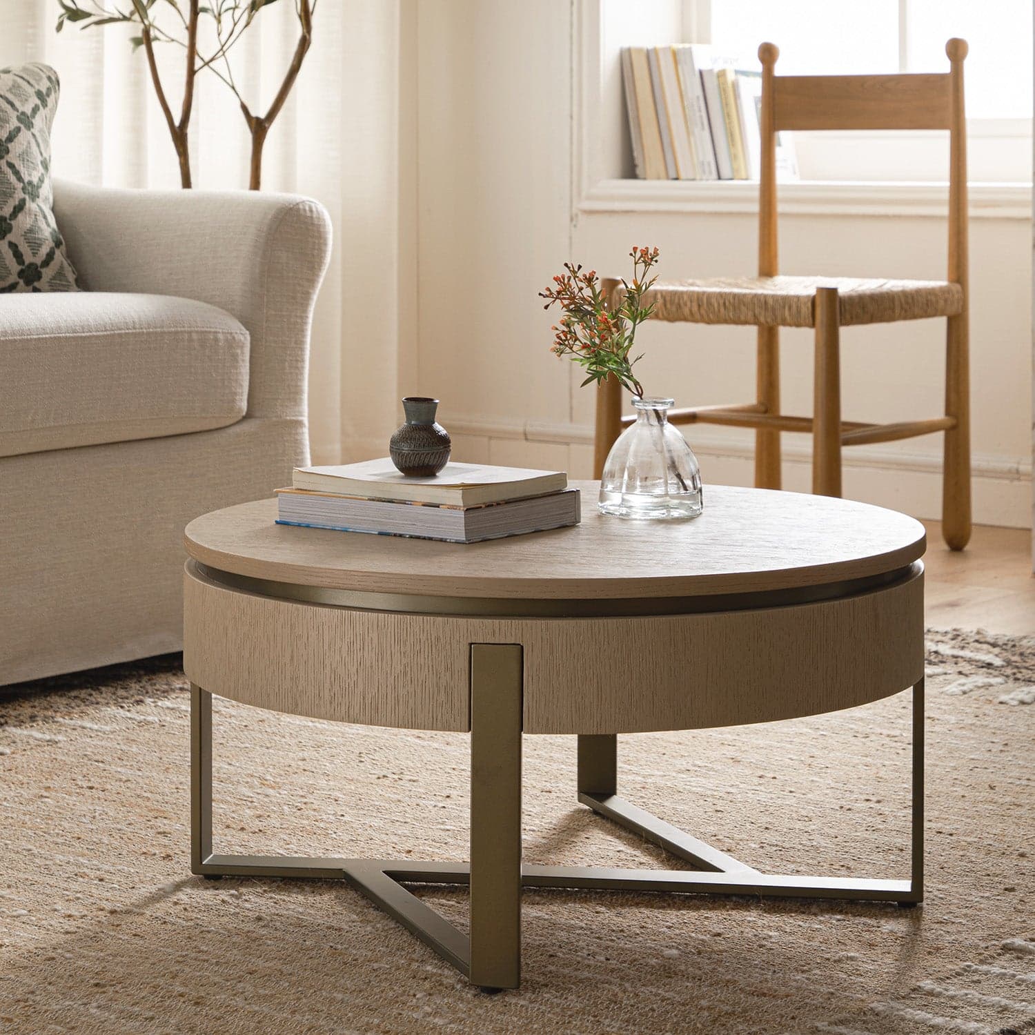 Gramercy 66cm Round Storage Coffee Table, Beige Oak