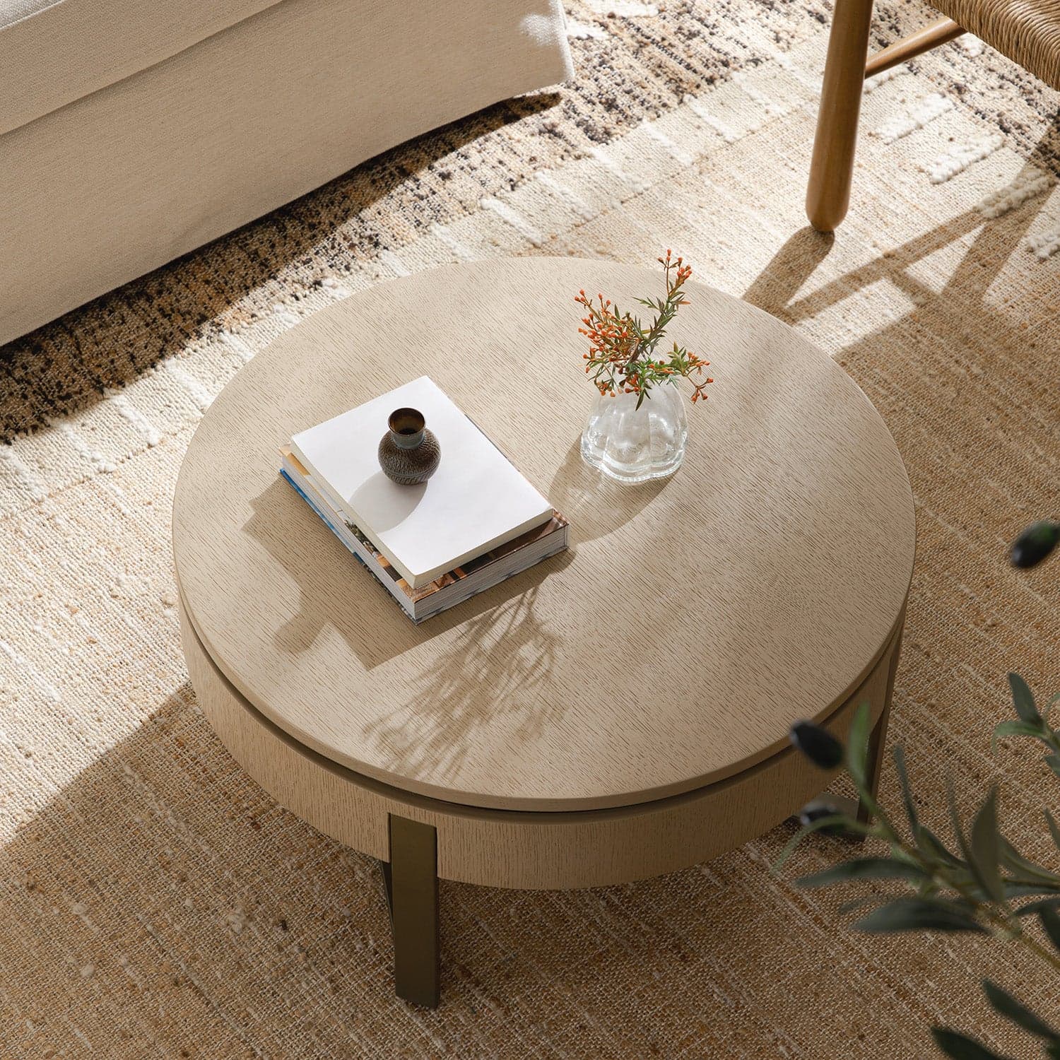 Gramercy 66cm Round Storage Coffee Table, Beige Oak