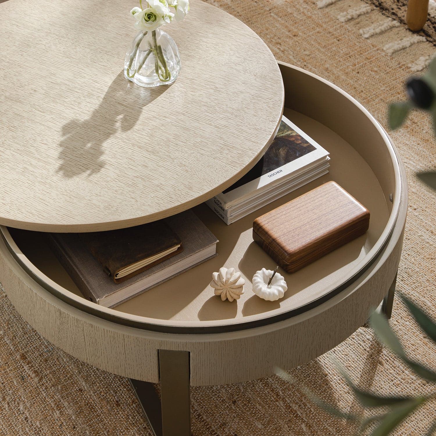 Gramercy 66cm Round Storage Coffee Table, Beige Oak