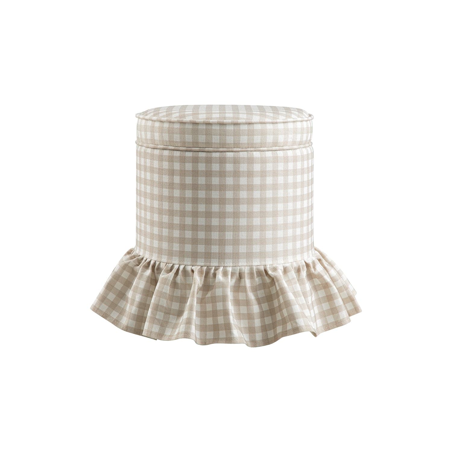 Celeste Ruffled Skirt Upholstered Storage Round Stool, Beige Gingham