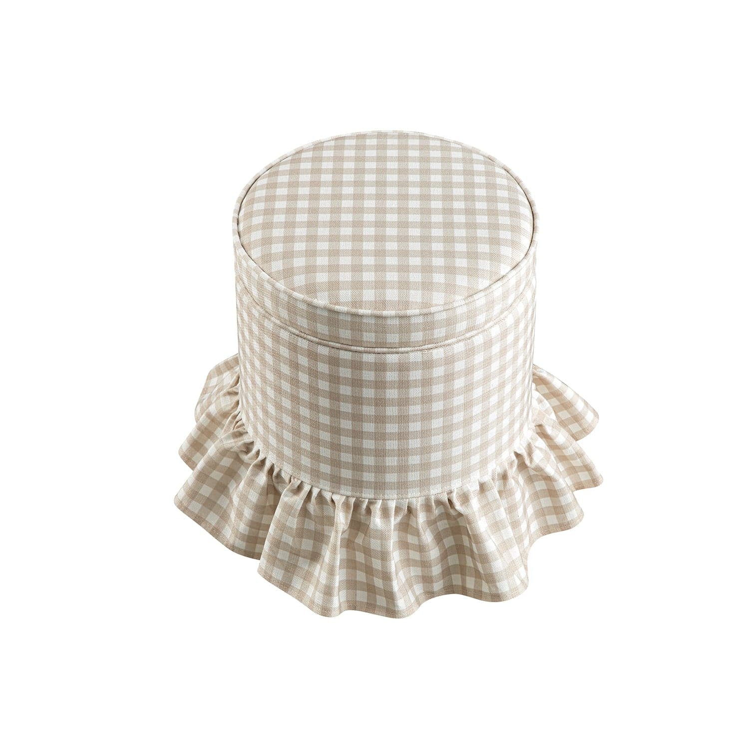 Celeste Ruffled Skirt Upholstered Storage Round Stool, Beige Gingham