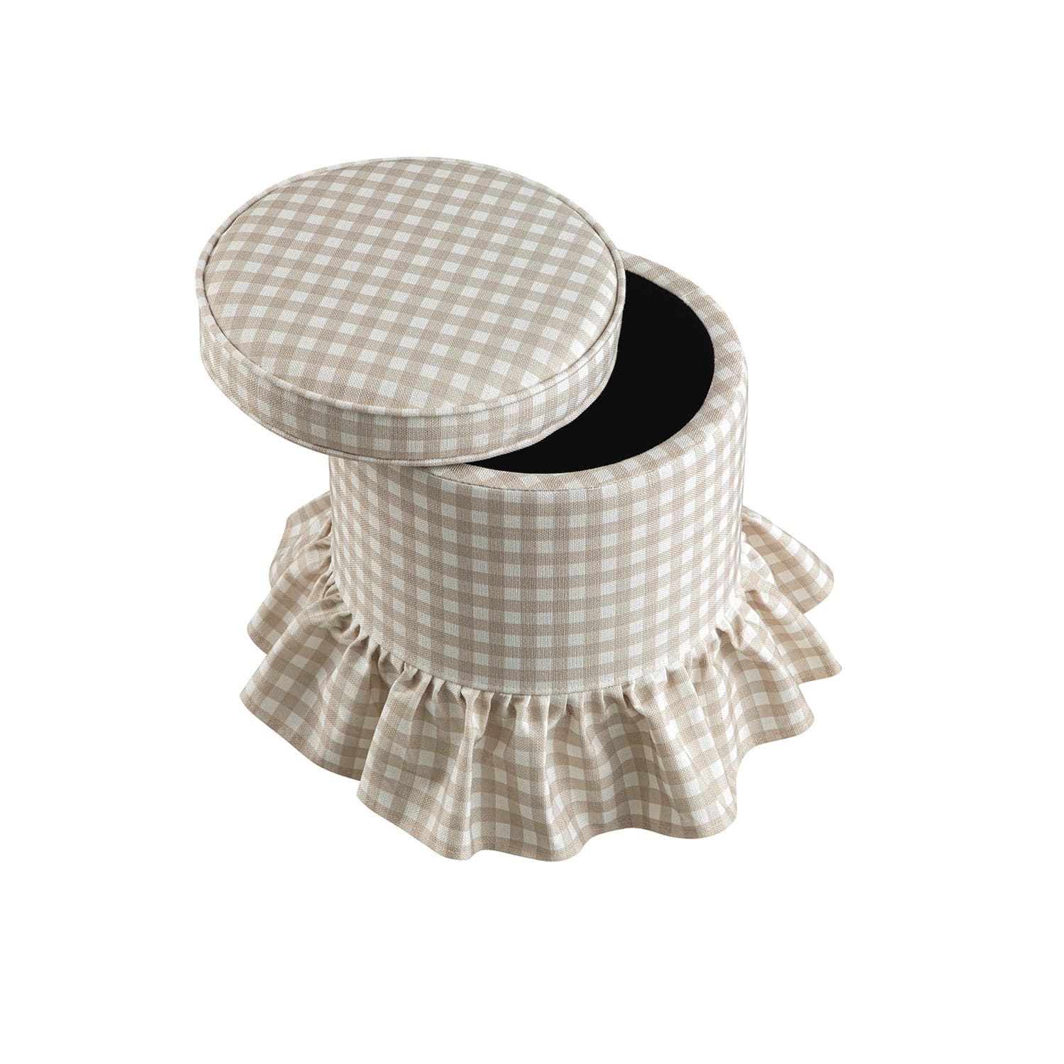 Celeste Ruffled Skirt Upholstered Storage Round Stool, Beige Gingham