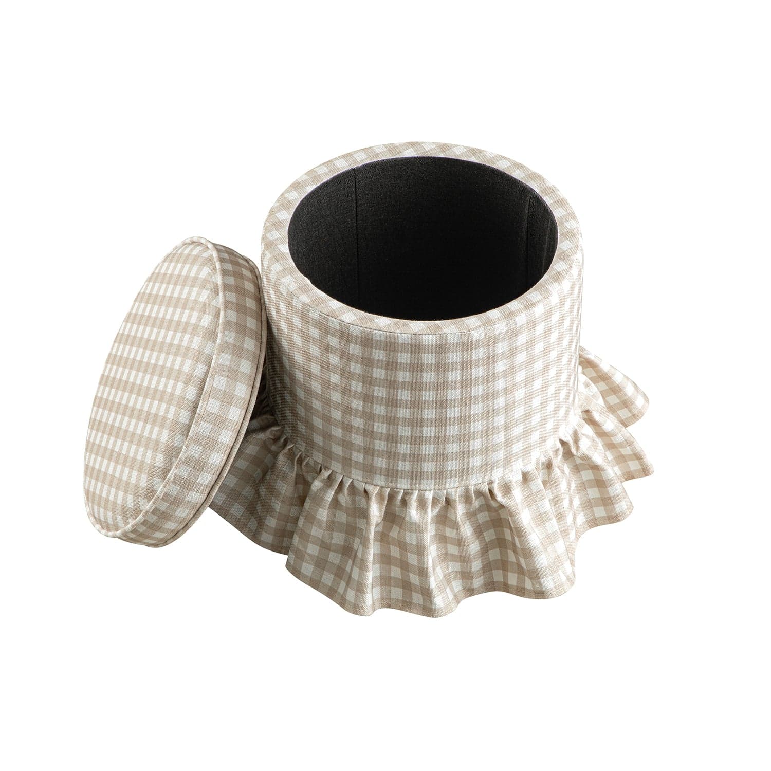 Celeste Ruffled Skirt Upholstered Storage Round Stool, Beige Gingham