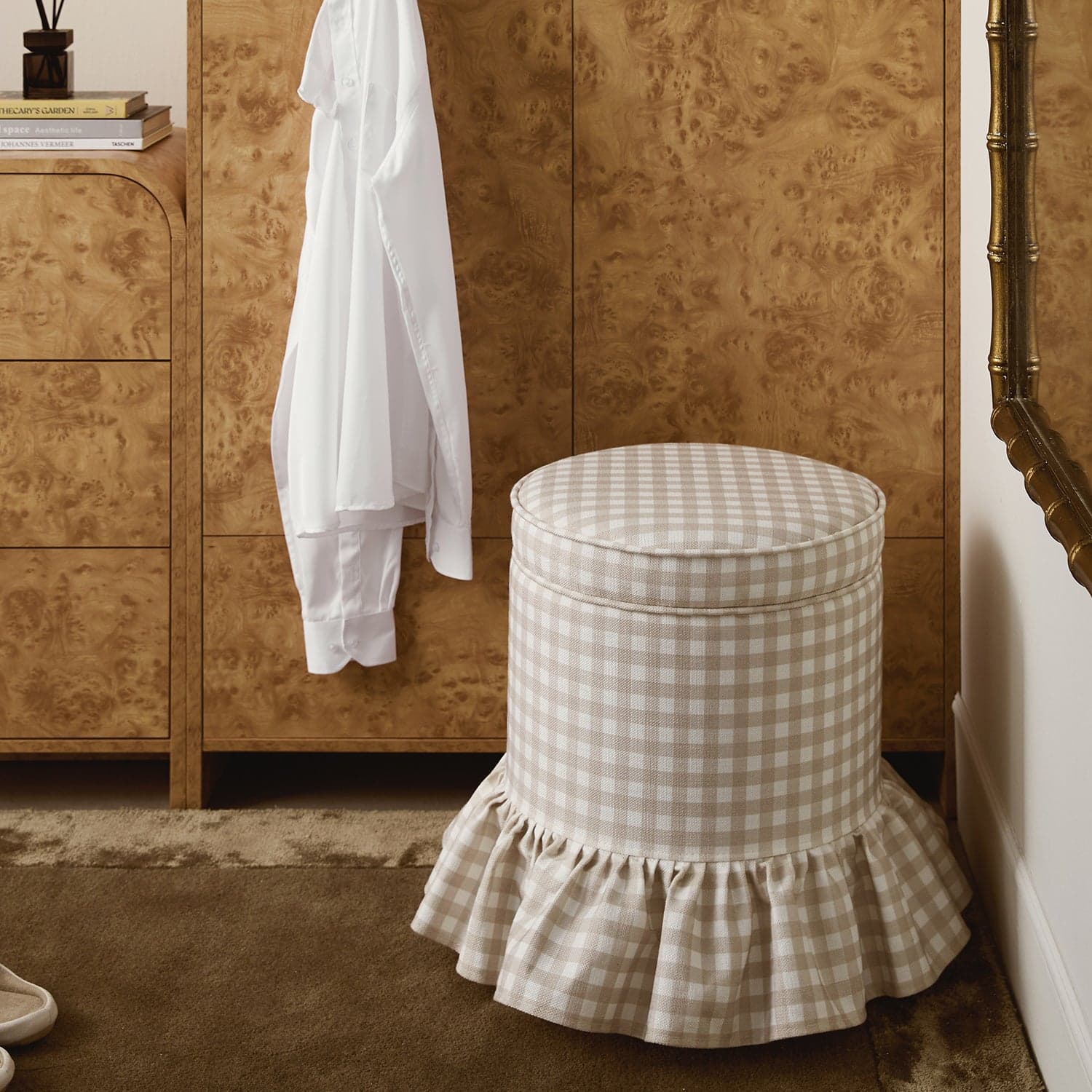 Celeste Ruffled Skirt Upholstered Storage Round Stool, Beige Gingham