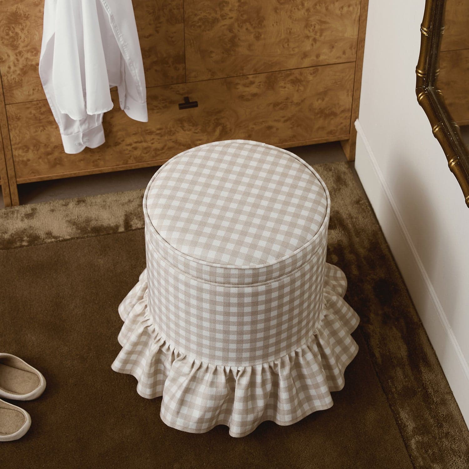 Celeste Ruffled Skirt Upholstered Storage Round Stool, Beige Gingham