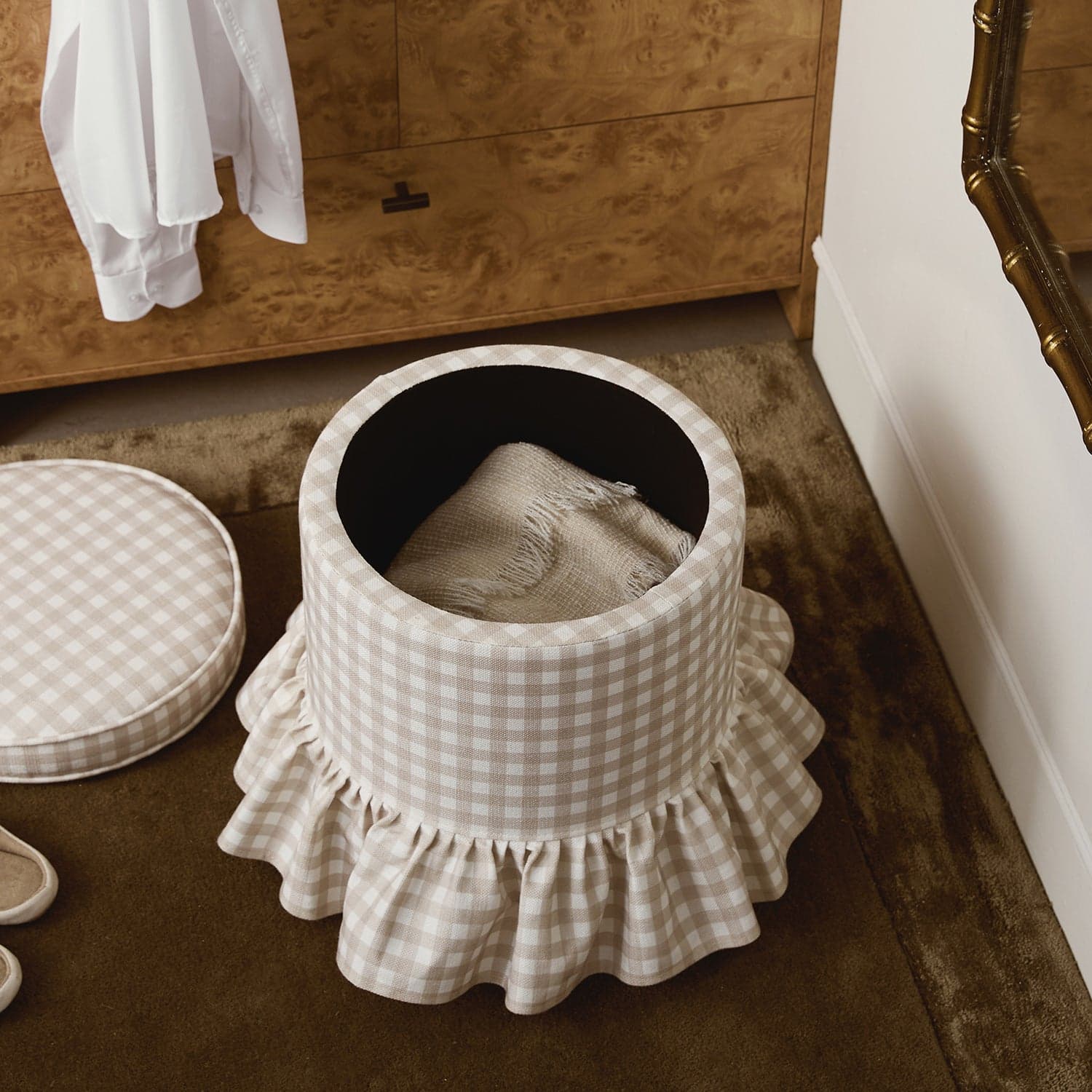 Celeste Ruffled Skirt Upholstered Storage Round Stool, Beige Gingham