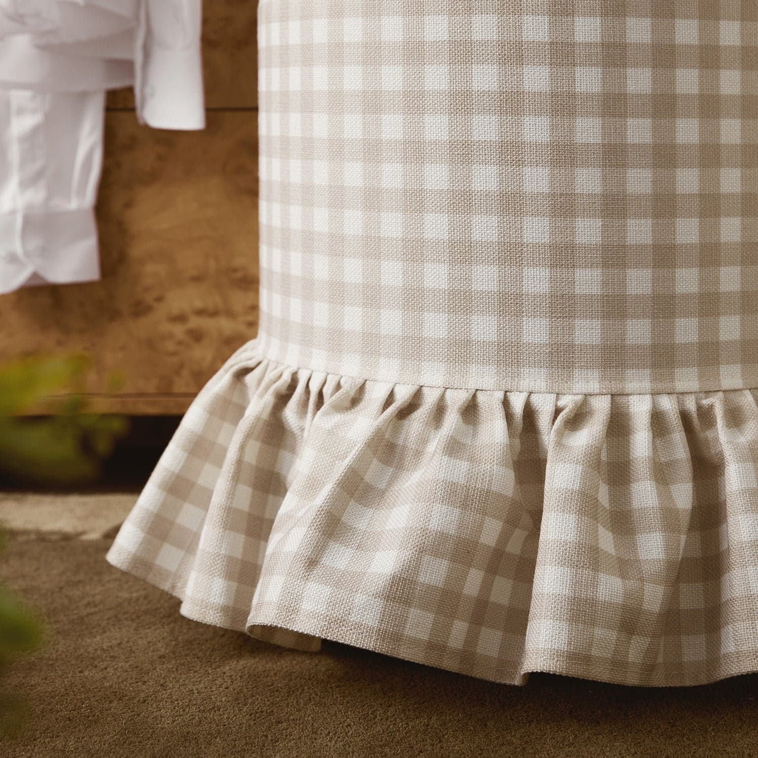 Celeste Ruffled Skirt Upholstered Storage Round Stool, Beige Gingham