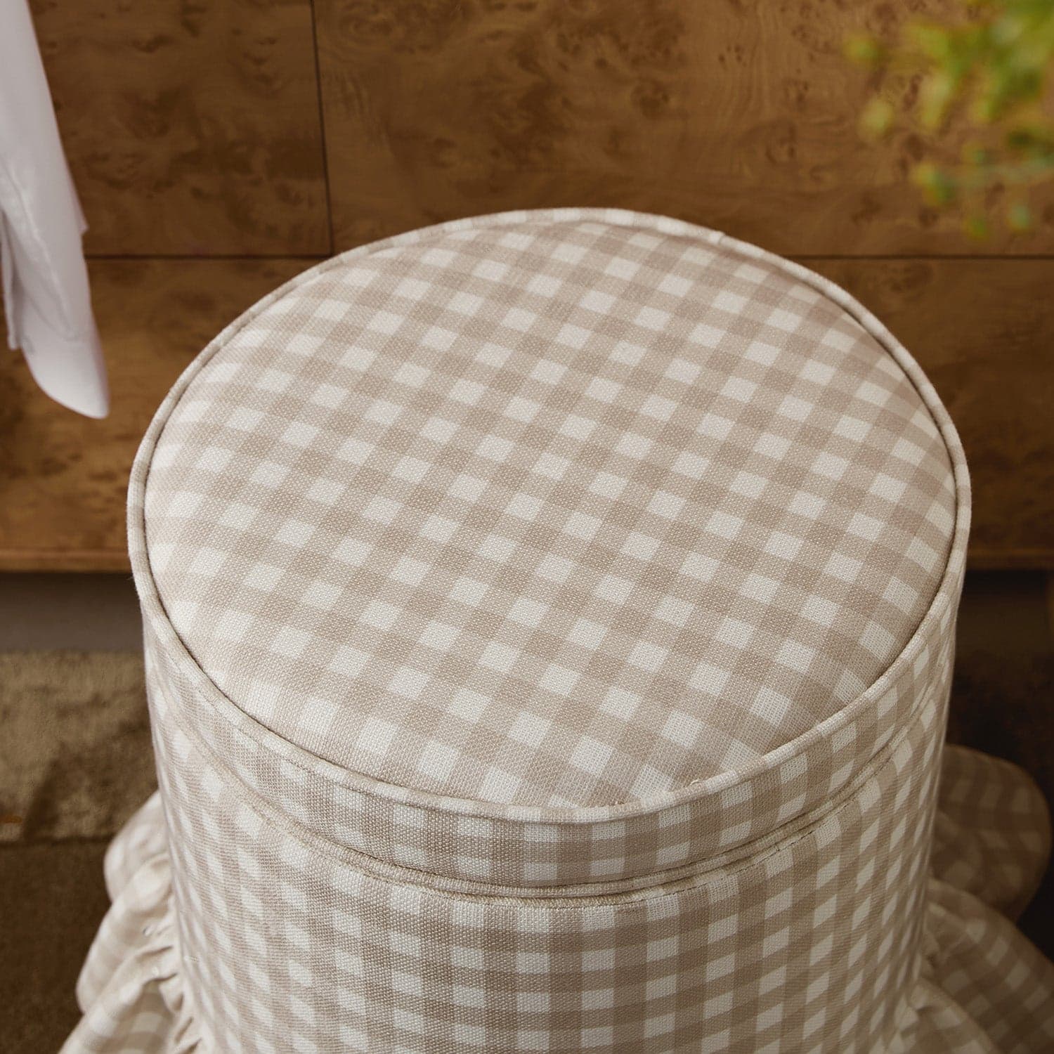 Celeste Ruffled Skirt Upholstered Storage Round Stool, Beige Gingham