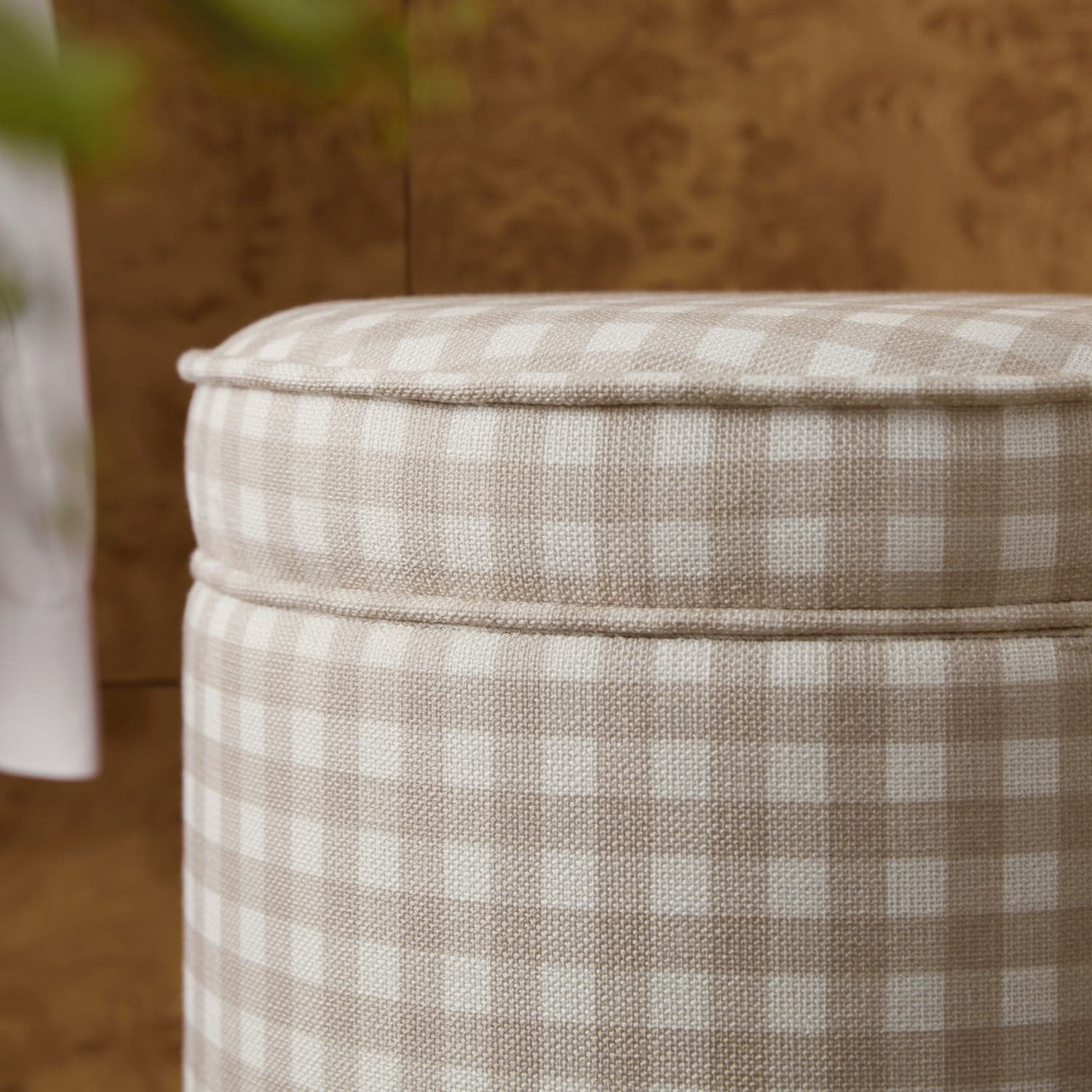 Celeste Ruffled Skirt Upholstered Storage Round Stool, Beige Gingham
